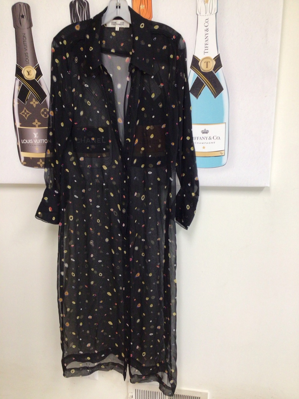 Diane von Furstenberg Black Sheer Maxi Dress with Multicolor Dot Print